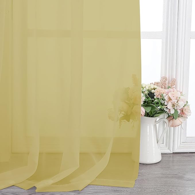 Chyhomenyc Mustard Yellow Short Sheer Curtains 36 inch Length, Light Filtering Half Window Curtians for Kitchen, Elegant Small Curtain for Basement Bathroom Cabinet, 42Wx36L inches, 2 Panels