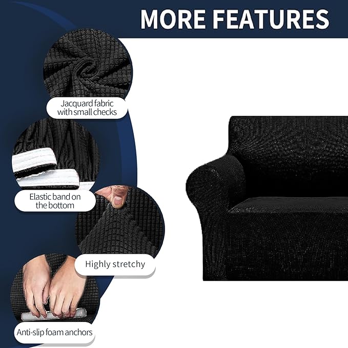 Cupuamon 2026 New Stretch Oversized Sofa Slipcovers Couch Sofa Cover for 4 Seater Furniture Protector Covers with Elastic Bottom Jacquard Fabric Small Checks for Pets, Kids - Black
