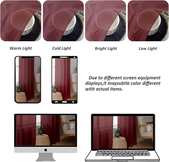 Chyhomenyc Burgundy Sheer Valances for Windows - Light Filtering Small Kitchen Curtains, Rod Pocket Short Top Window Treatment Decor for Living Room Bathroom Basement, 42Wx16L inches, 2 Panels