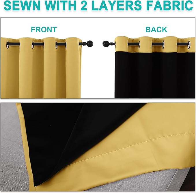 NICETOWN 100% Blackout Curtains with Black Liners, Thermal Insulated Full Blackout 2-Layer Lined Drapes, Noise Cancellation Window Drapes for Dining Room (Bright Yellow, 2 Panels, 52" W by 54" L)