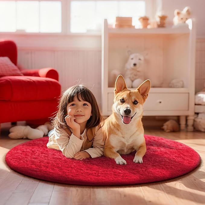 Ophanie Round Rug 4Ft Red Circle Area Rug, Christmas Room Decor, Aesthetic Nursery Bedroom Carpet, Fluffy Fuzzy Plush Soft Shaggy Living Room Rugs for Kids Boys Girls Home, Classroom