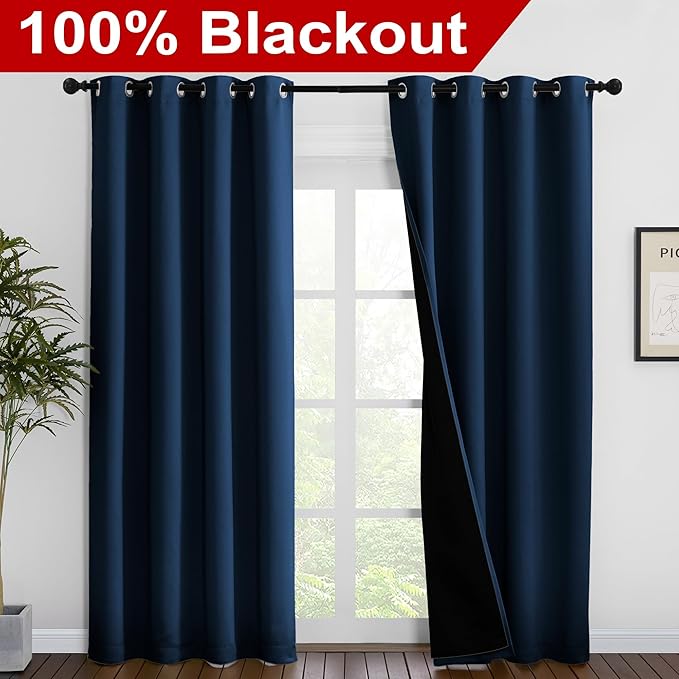NICETOWN Moroccan Blue Full Shade Curtain Panels, Pair of Energy Smart & Noise Blocking Out Blackout Drapes for Dining Room Window, Thermal Insulated Guest Room Lined Window Dressing(55 x 86 inch)
