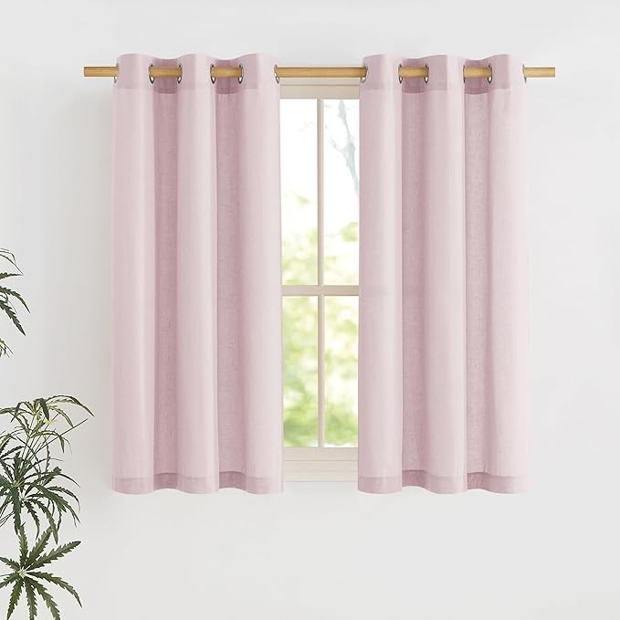 NICETOWN Blush Pink Short Linen Curtains for Kitchen, Thick Flax Small Window Treatments Semi Sheer Privacy Assured with Light Through for Cafe/Bathroom, W42 x L48, 2 Panels