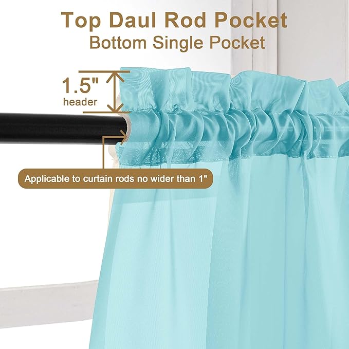 Chyhomenyc Sheer Aqua Tier Curtains 24 Inch Length Set, Small Window Kitchen Curtains for Bathroom Living Room Basement, Farmhouse Short Voile Curtain 42Wx24L, Rod Pocket, 2 PCS