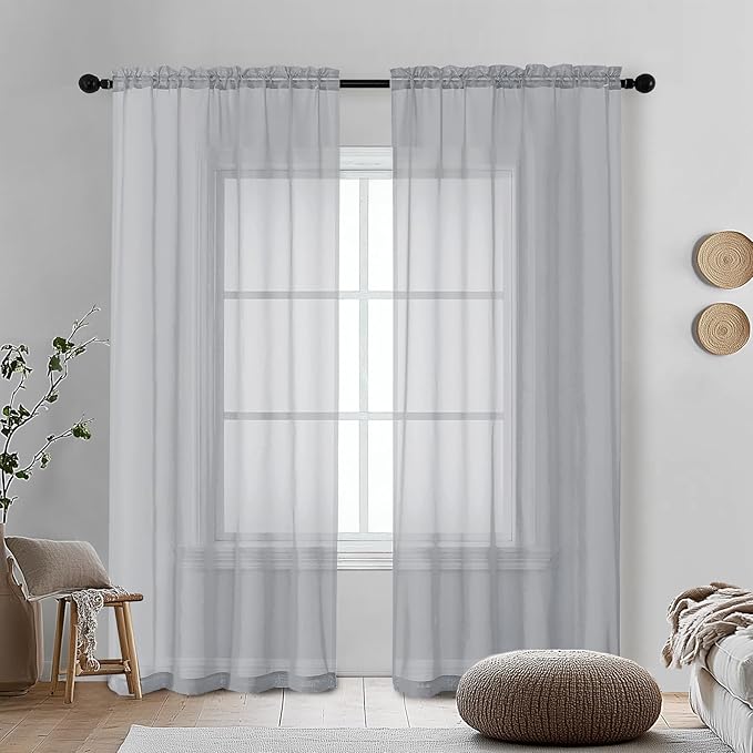 OVZME Light Grey Sheer Curtains 72 Inches Long 2 Panels - Soft Light Filtering Window Sheer Panels for Living Room/Bedroom, Top Dual Rod Pocket, 1 Pair, Each 42Wx72L Inches