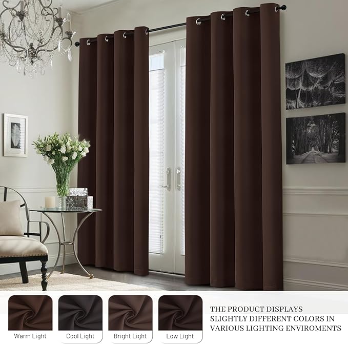 Yakamok 100% Blackout Curtain Panels 63 inches Cold and Light Blocking Drapes for Nursery, 2 Thick Layers Thermal Insulated Draperies (2 Pieces, 50 Wide Each Panel, Brown/White Backing)