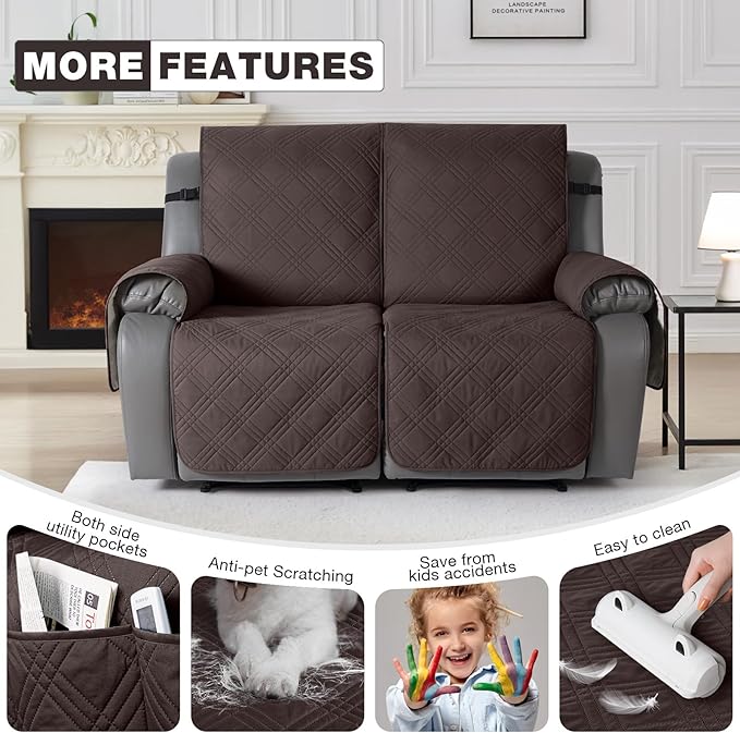 TAOCOCO 100% Waterproof Loveseat Recliner Cover, Non Slip Split Loveseat Covers for Reclining Sofa with Elastic Straps, Washable Recliner Chair/Furniture Protector for Pets(2 Seater, Chocolate)