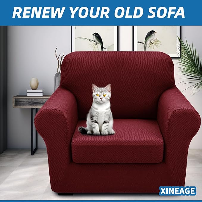XINEAGE 2026 New 2 Pieces Chair Covers with Arms Super Stretch Chair Slipcover for Living Room Pet Dog Universal Slip Cover Anti Slip Armchair Furniture Protector (Wine Red), 31"-46"(1 Cushion)