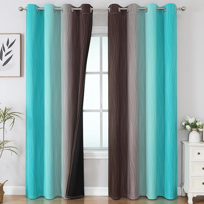 Estelar Textiler Brown and Teal Ombre Blackout Curtains 90 Inch Length 2 Panels Set, Thermal Insulated Drapes for Bedroom, Full Room Darkening Grommet Gradient Curtains for Living Room,52Wx90L