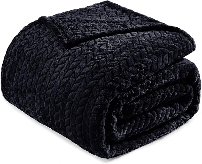 Exclusivo Mezcla Fleece Twin Size Blanket for Bed, 60x80 Inches Soft Cozy Jacquard Flannel Blankets, Lightweight Fuzzy Plush Warm for Women, Black