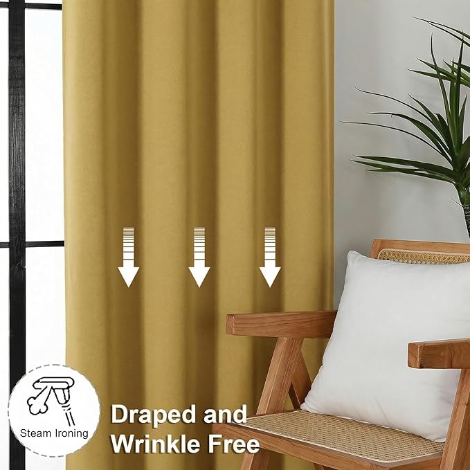Simplebrand Ava Bright Gold Blackout Curtains for Bedroom 63 Inch Length 2 Panels Set, Privacy Thermal Insulated Rod Pocket Door Window Curtains for Patio French Door Front Door, W40 x L63 Inch