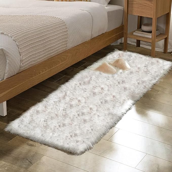 ORINOVA Grey and White Plush Shag Washable Rugs for Bedroom Faux Sheepskin Fur Furry Carpet for Living Room 2x6 Nursery Rug Runner