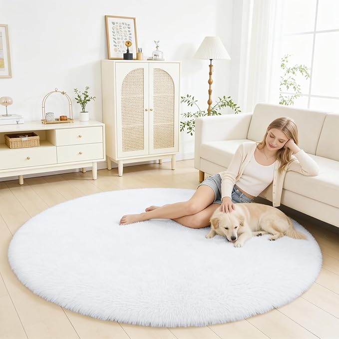 OLANLY White Round Rugs for Bedroom - Machine Washable, 5 ft Circle Area Rugs for Living Room, Soft and Fluffy Shaggy Carpet for Teen Girls and Boys, Nursery Rooms, Dorms, Home Decor Aesthetic