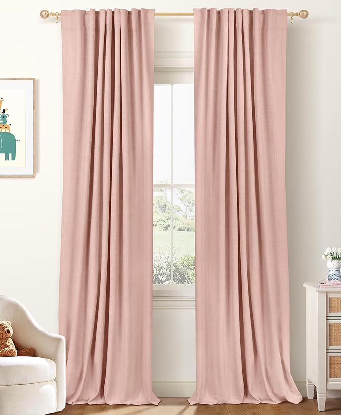 100% Blackout Shield Linen Blackout Curtains for Bedroom 102 Inches Long, Back Tab/Rod Pocket Living Room Drapes, Thermal Insulated Blackout Curtains 2 Panels Set, 50" W x 102" L, Blush Pink