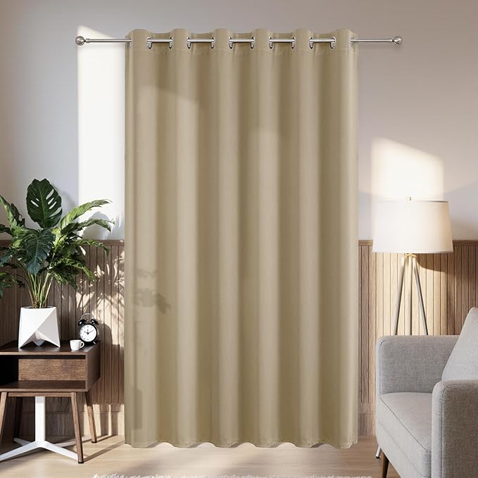 Joydeco Blackout Patio Sliding Door Curtains 96 Inches Long, Grommet Privacy Room Divider Curtains, Extra Wide Thermal Blackout Drapes for Bedroom Living Room (Light Beige, 80Wx96L, 1 Panel)