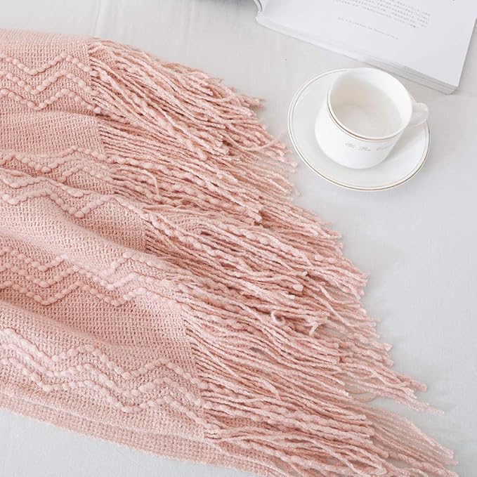 BOURINA Pink Throw Blanket 50x60 Inches Throw Textured Solid Soft Sofa Throw Couch Cover Knitted Decorative Blanket