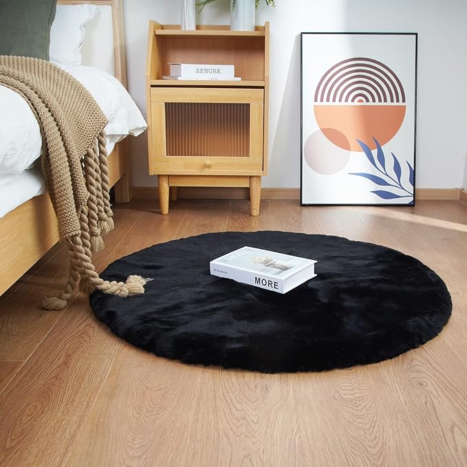 Ghouse Faux Rabbit Fur Round Rug 3ft Black Round Rugs for Bedroom Decor Fluffy Area Rugs for Living Room, no-Shedding Carpet Sheepskin Washable Rug Rome Decor