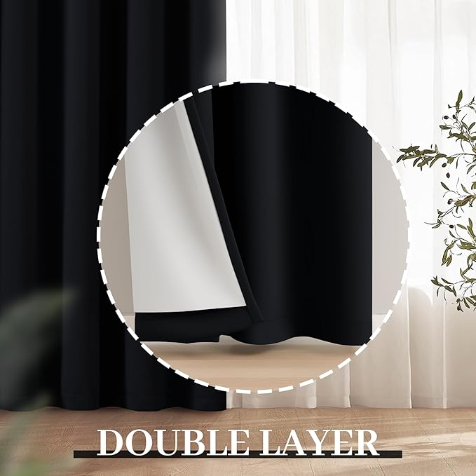 Yakamok 100% Blackout Curtains Black Room Darkening Thermal Insulated Window Curtain with 2 Thick Layers-Set of 2 Panels Grommet Top Drapes for Bedroom Living Room 52 Inches by 63 Inches Length