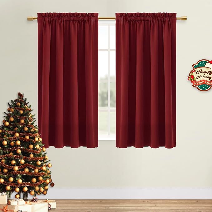 DWCN Christmas Burgundy Room Darkening Blackout Curtains - Thermal Insulated Privacy Energy Saving Window Curtain Drapes 38 x 54 inch Length, Set of 2 Bedroom Living Room Curtains