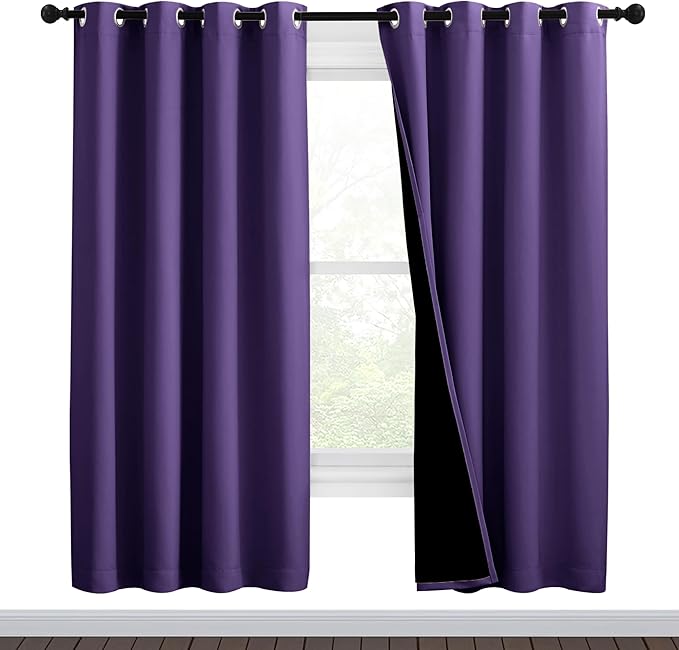 NICETOWN Lilac Purple Full Shade Curtain Panels, Pair of Thermal Insulated & Energy Efficiency Blackout Curtains for Living Room Windows, Lined Silky Performance Window Dressing (46" Wide x 72" Long)