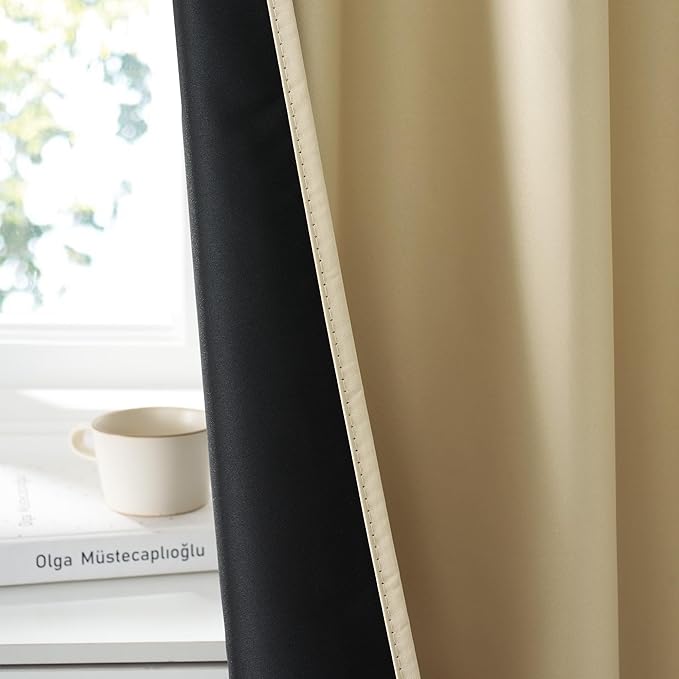 RYB HOME Bedroom Blackout Curtains 72 inches Long, 100% Blackout Thermal Insulated Noise Reducing Curtains for Living Room Nursury, 34 inches Wide by 72 inches Long, Biscotti Beige