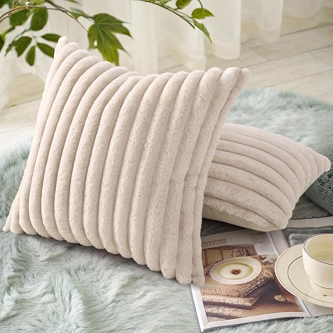 decorUhome Summer Cozy Faux Fur Throw Pillow Covers 18x18 Set of 2 Decorative Soft Plush Striped Modern Farmhouse Boho Couch Pillow Cases with Velvet Back for Sofa Bed Living Room, Beige