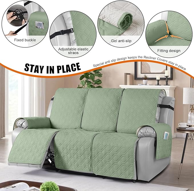 VANSOFY Waterproof Recliner Couch Covers, Sofa Covers 1-Piece Washable Reclining Sofa Cover Non-Slip Furniture Protector with Elastic Straps Pocket for Dogs, Pets(Light Green,3 Seater)