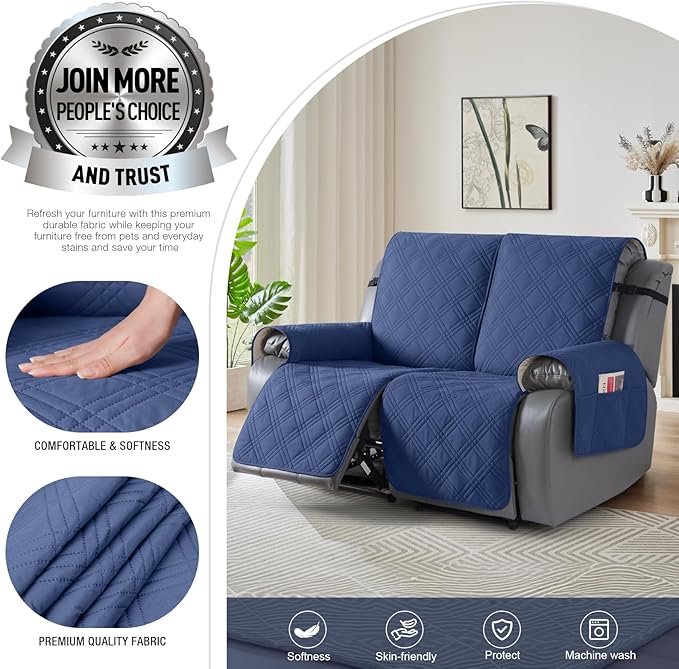 TAOCOCO 100% Waterproof Loveseat Recliner Covers 2 Seater, Split Loveseat Covers for Reclining loveseat, Non Slip Reclining Couch Cover with Double Straps for Kids, Pets(2 Seater, Ocean Blue)