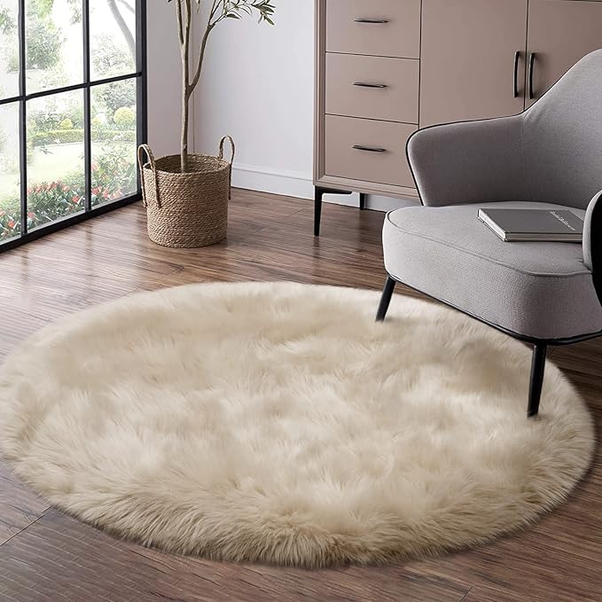 Fluffy Round Rug for Kids Room Beige Circle Faux Fur Area Rug for Bedroom, 4x4 Fuzzy Shag Rugs Furry Nursery Rug Teepee Mat, Circular Plush Floor Carpet