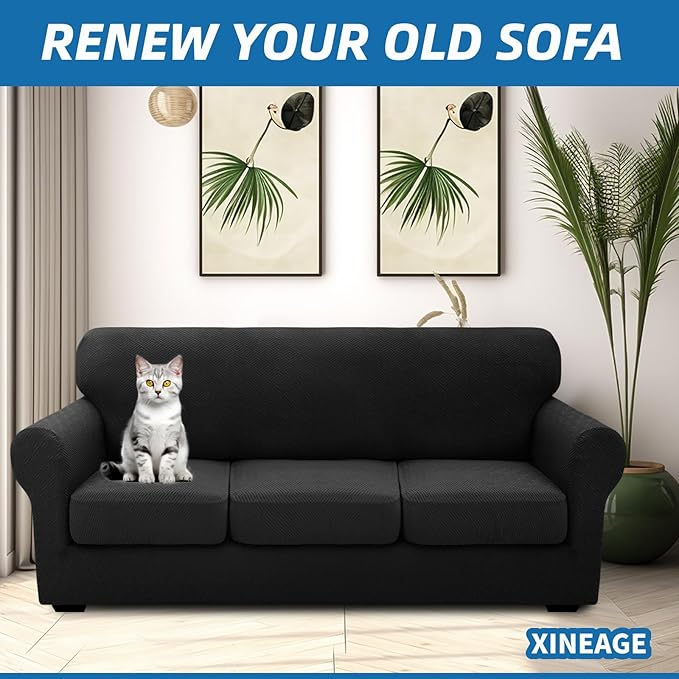 XINEAGE 2026 New 4 Pieces Extra Large Couch Covers for 3 Cushion Sofa Super Stretch Sofa Cover for 3 Large Seat Cushion Universal Fitted Slip Cover for Living Room (Black), 91"-110"(3 Cushions)