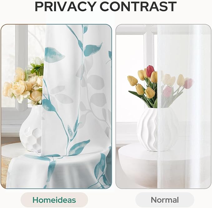 HOMEIDEAS Non-See-Through Teal and White Privacy Sheer Curtains 52 X 84 Inch Length 2 Panels, Leaf Floral Printed Light Filtering Semi Sheer Window Curtains Drapes for Bedroom Living Room