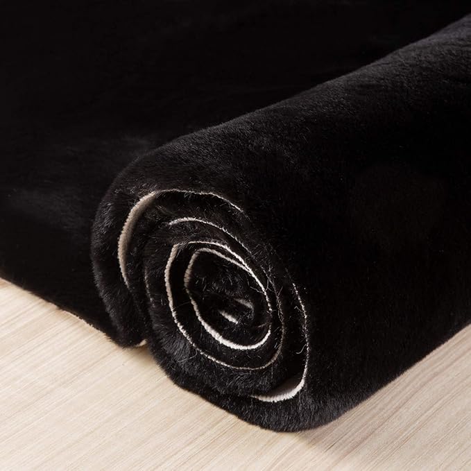 Ashler Faux Fur Rug, Ultra Soft Faux Rabbit Fur, Black Area Rugs, 3 x 5 Feet Rectangle, Machine Washable Nursery Decor Throw Rugs for Bedroom, Kids Room, Living Room