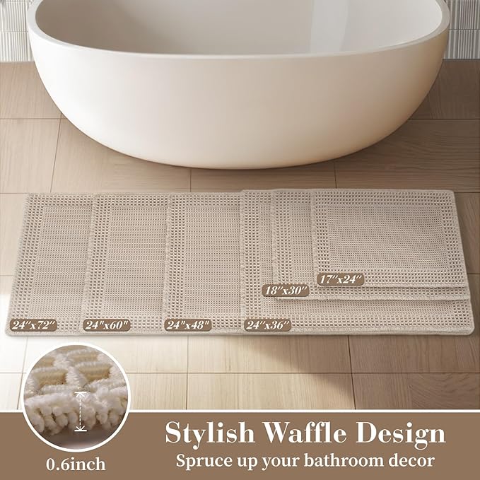 RESARE Waffle Bathroom Runner Rugs, Super Absorbent Bath Mat Non Slip Washable Quick Dry, Upgraded Ultra Soft Boho Bath Rugs with Tassels for Hallway Bedroom Laundry Room, 2'x5'(24"x60"), Pale Beige