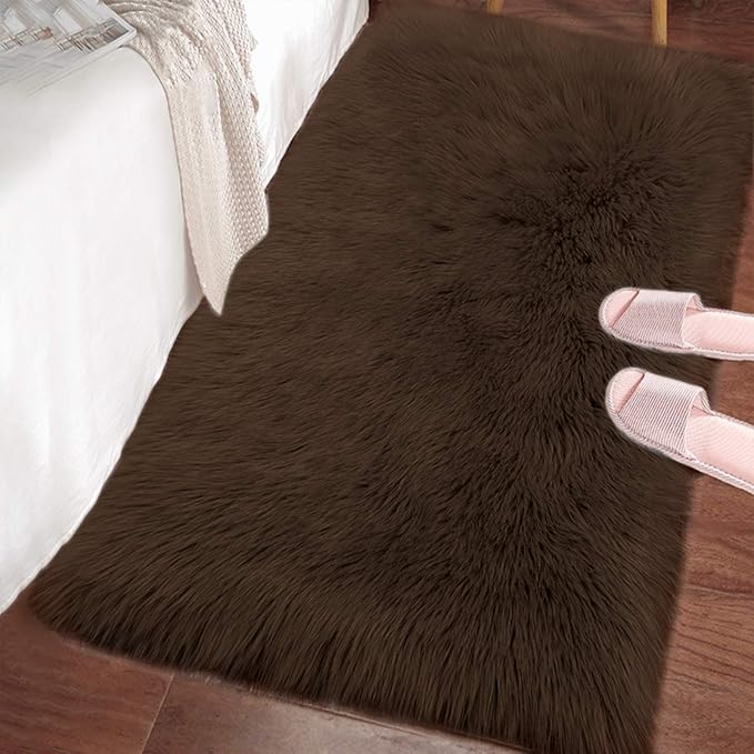 LOCHAS Soft Fluffy Faux Fur Rugs for Bedroom Bedside Rug 2x3 Feet, Washable, Furry Sheepskin Area Rug for Living Room Girls Room, Luxury Shag Carpet Home Decor, Brown