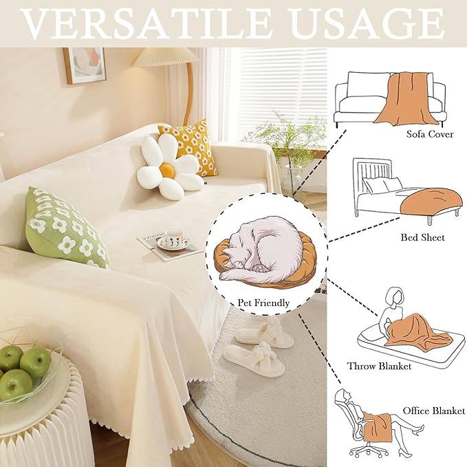 HANDONTIME Beige Couch Covers for 3 Cushion Sofa - Cute Daisy Lace Pet Protector - Thick Chenille Cover for Dogs & Sectional Sofas - 71" X150"