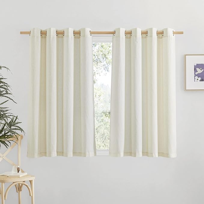 NICETOWN Linen Blend Kitchen Window Curtains Over Sink, Grommet Short Curtains for Small Window Thick Flax Linen Weave Privacy Added for Cafe/Bathroom, Off White, W55 x L36, 2 Panels