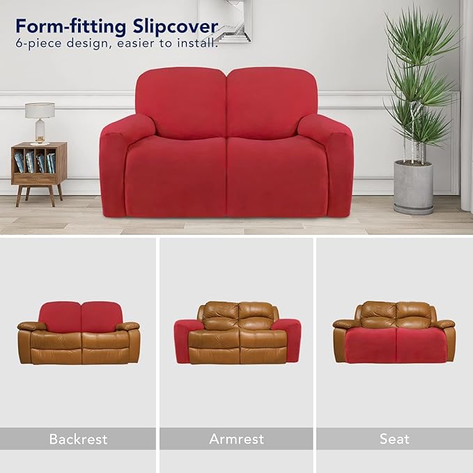 PureFit Super Stretch Loveseat Recliner Sofa Couch Cover with Pocket – 2 Seats Non Slip Soft Sofa Slipcover, Washable Reclining Furniture Protector for Kids, Pets (Recliner Loveseat, Red)