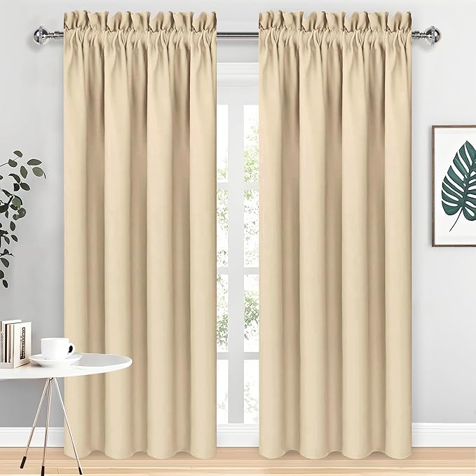 DWCN Blackout Curtains Room Darkening Thermal Insulated Bedroom Curtains Window Curtain Panels, 42 x 84 inches Long, Set of 2 Beige Rod Pocket Drapes