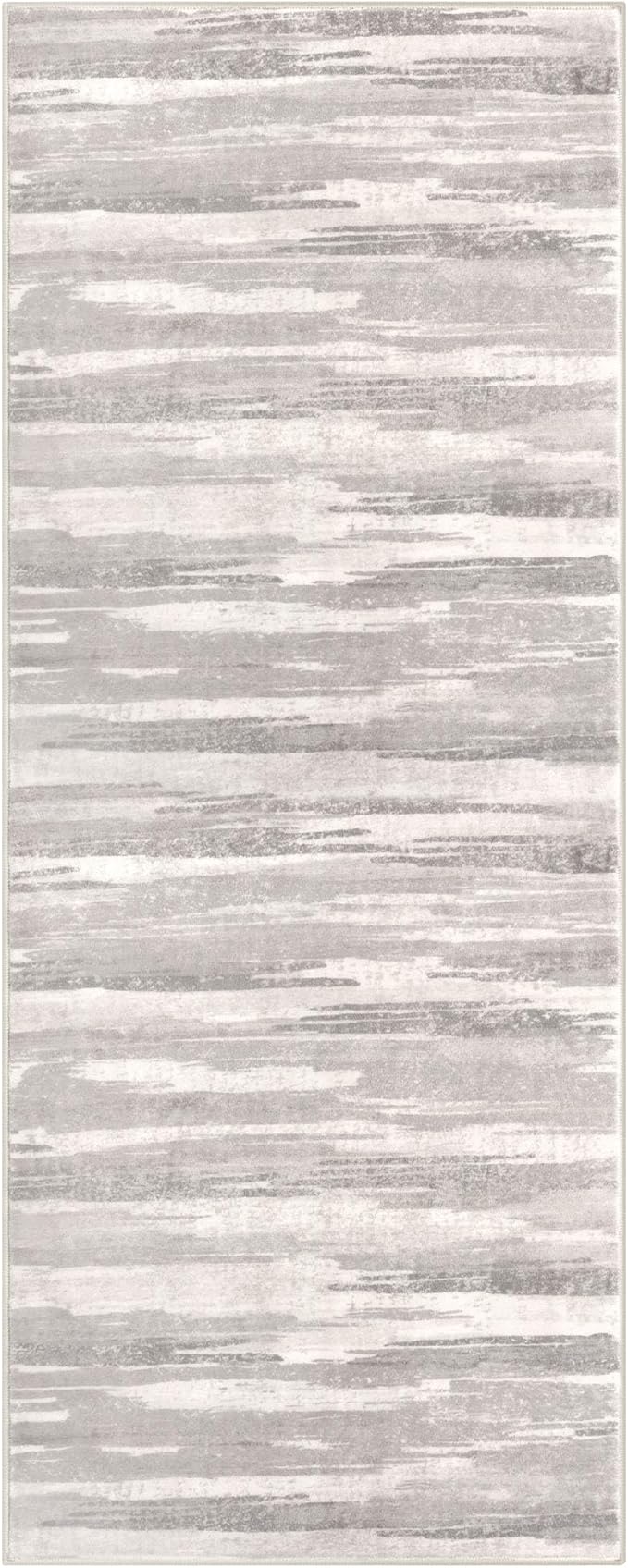 Lansny Modern Abstract Runner Rug 2x5, Neutral Light Beige and Grey Washable Entryway Kitchen Non-Slip Soft Hallway Runner Thin Print Faux Wool Carpet for Bedroom Laundry Room Indoor