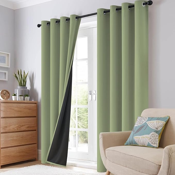 SimpleHome 100% Blackout Curtains for Bedroom,Thermal Insulated Sage Grommet Window Drapes Room Darkening Curtains for Living Room with Black Back,52 x 54 Inch,2 Panels