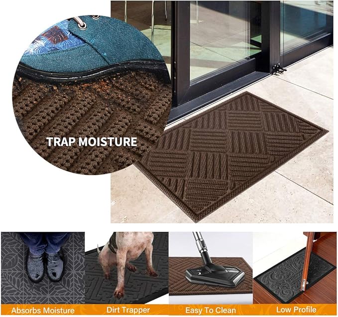 Mibao Front Door Mat, Dirt Trapper Welcome Mat for Outdoor Indoor, Non-Slip Waterproof Doormat, Durable Machine Washable Low Profile Entry Rug for Back Door Outside Patio, 61.5" x 36", Coffee Grid