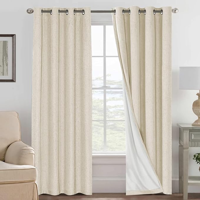 H.VERSAILTEX Linen Curtains 100% Blackout Curtains for Bedroom 90 inch Long Full Light Blocking Nature Linen Blended Window Curtains for Living Room Nickel Grommet (2 Panels, Bleached Sand)