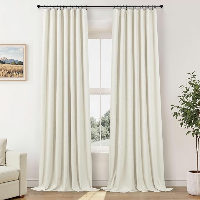 100% Blackout Curtains 84 Inch Length 2 Panels Set Neutral Boho Linen Farmhouse for Bedroom Windows Living Room Darkening Thermal Insulated Drapes Natural Cream Ivory 7ft Long Back Tab Pleated Pocket