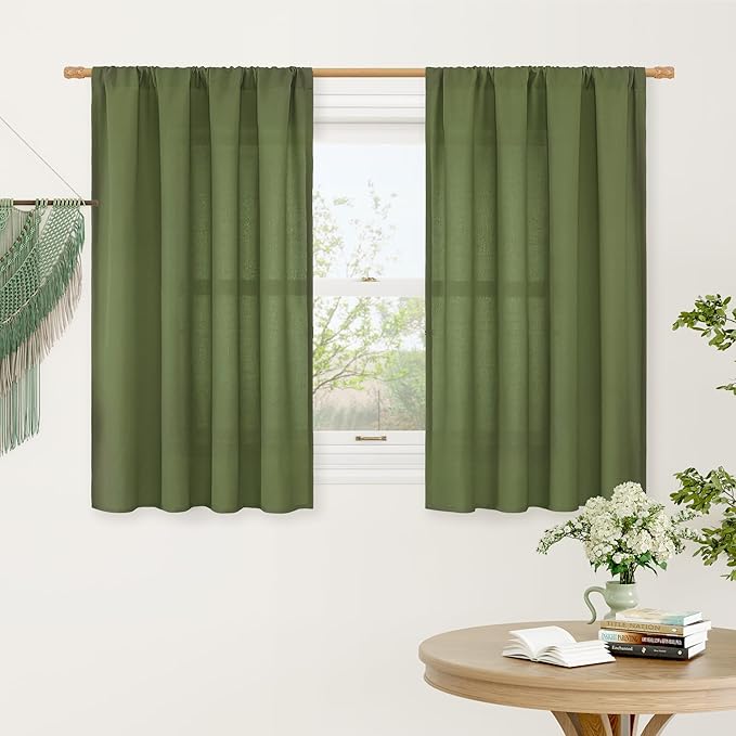 LAMIT Linen Curtains 45 Inch Length 2 Panels Set for Bedroom, Light Filtering Semi Sheer Neutral Short Decorative Window Rod Pocket Christmas Decor Drapes for RV/Basement, 42 X 45 Inch, Olive Green