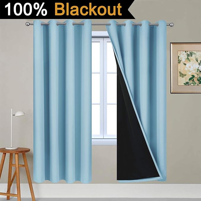 Yakamok 100% Blackout Lined Panels, Thermal Insulated Blackout Curtains for Bedroom, Heat Blocking Drapes for Living Room(52Wx72L, Sky Blue, 2 Panels)