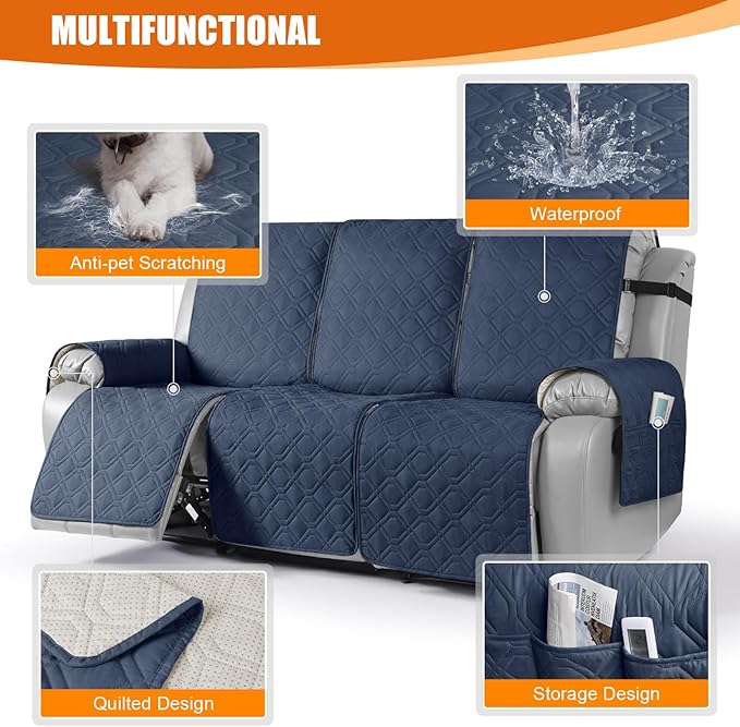 VANSOFY Waterproof Recliner Couch Covers, Sofa Covers 1-Piece Washable Reclining Sofa Cover Non-Slip Furniture Protector with Elastic Straps Pocket for Dogs, Pets(Navy Blue,3 Seater)