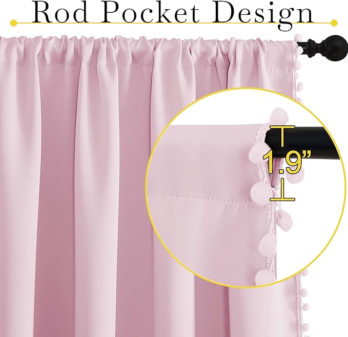 NICETOWN Pom Pom Blackout Curtains for Girls Bedroom Boho Pink Window Curtains for Nursery Rod Pocket Thermal Insulated Living Room Darkening Curtain Panels for Play Room, 52" W x 84" L, 2 Panels
