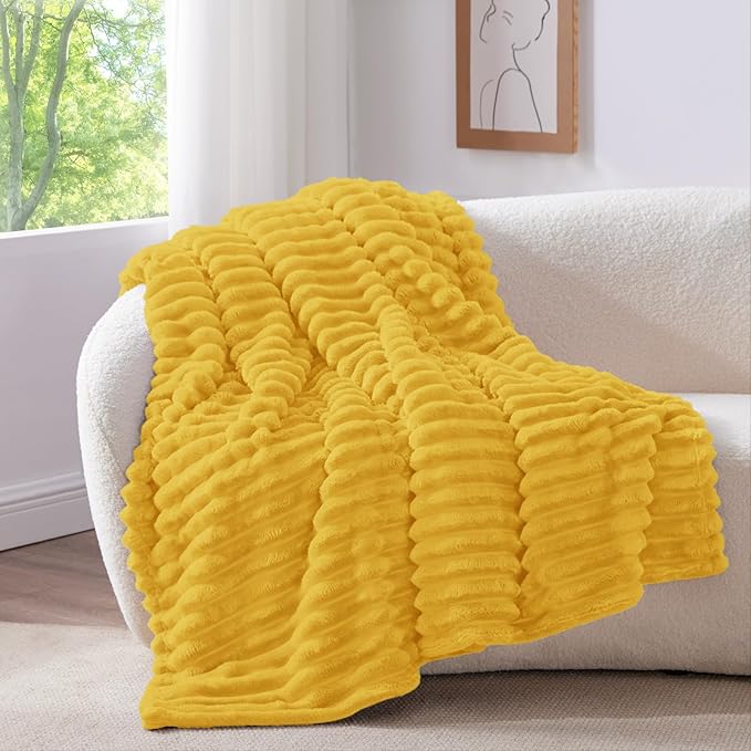 BEDELITE Twin Blanket for Couch & Bed, 300GSM Soft & Warm Fleece Blanket, Decorative and Giftable Striped Light Yellow Blankets for Women, Men, 60"x80"