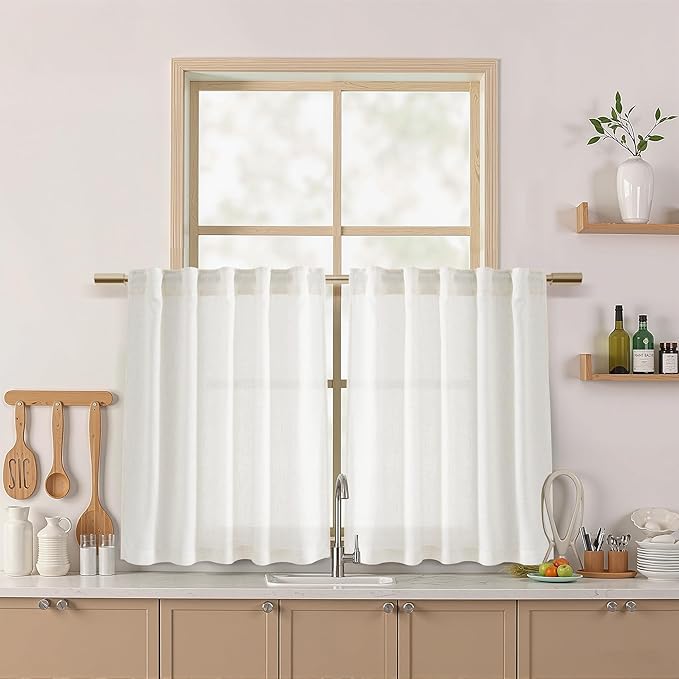 Beige White Linen Curtains for Kitchen Windows Over Sink Neutral 30 Inch Length Back Tab and Rod Pocket Light Filtering Semi Sheer Cafe Curtain for Bathroom RV Small Window 40 x 30 Inch,2 Panels