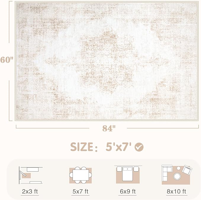 Area Rug 5x7 Vintage Rug: Washable Living Room Rugs Retro Medallion Distressed Large Rugs Soft Low Pile Non-Slip Indoor Floor Carpet for Bedroom Kitchen Nursery Dining Table Office (Beige, 5'x7')